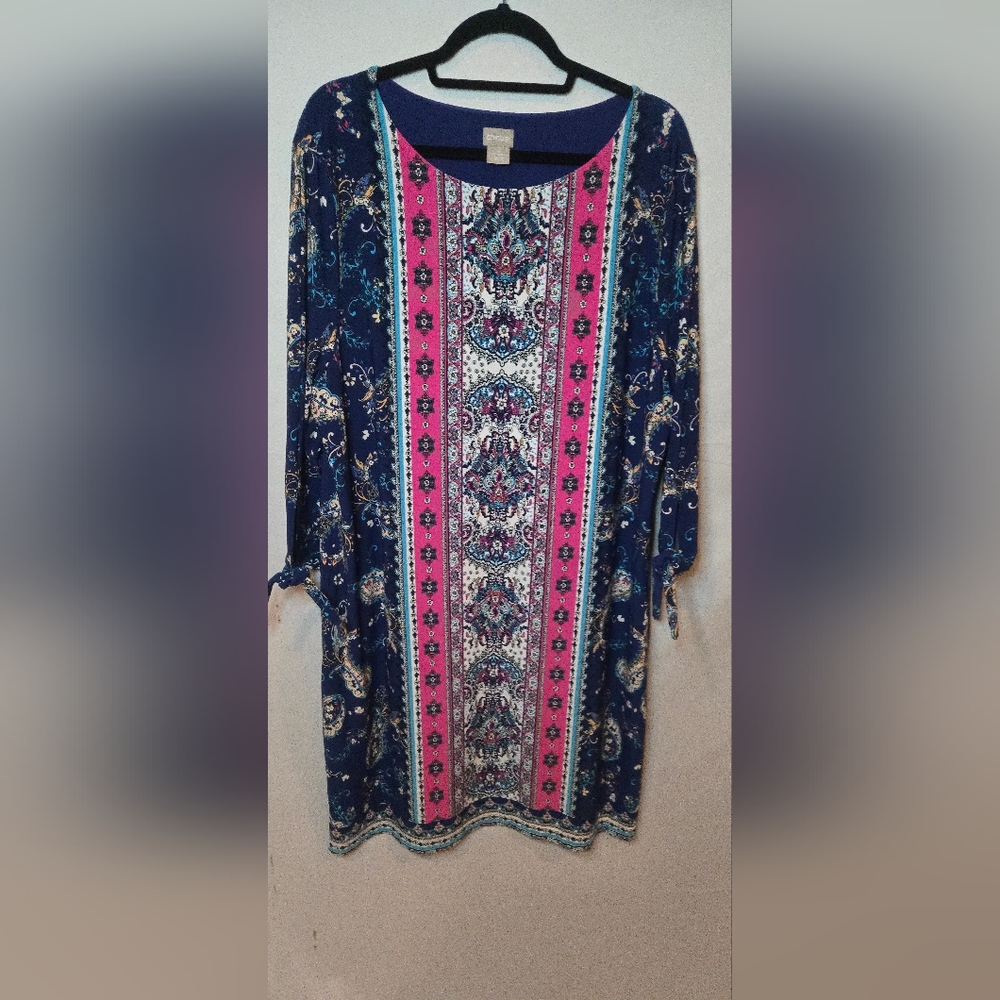 Chico's Floral Paisley Boho Blue/Pink Tie Sleeve Stretchy Midi Dress Size 4/20
